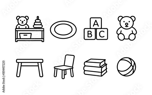 Minimalist outline icons: kids toys and furniture collection