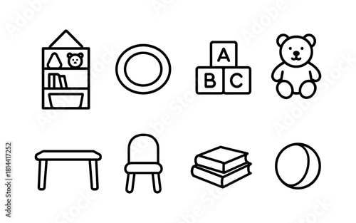 Minimalist children's toys and furniture icons set
