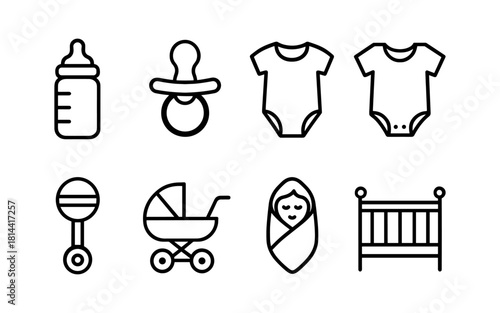 Essential baby line icons set: bottle, pacifier, onesie, stroller, crib