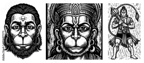 Hindu god hanuman portraits and warrior figure vintage woodcut vector illustration