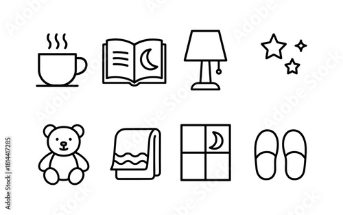Minimalist bedtime icons: cozy objects and nighttime essentials in linear style