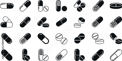 Extensive Pharmaceutical Drug Silhouettes Vector Set, Featuring Capsules, Tablets, and Various Medications, Healthcare and Pharmacy Icons Collection.