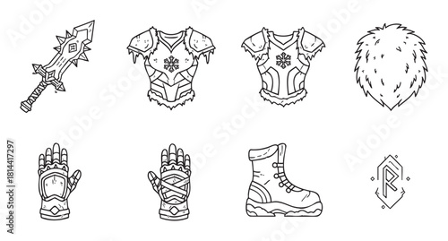 Collection of black and white line art illustrations for a fantasy role-playing game, featuring winter warrior armor, a spiky sword, gauntlets, a boot, and a magic rune