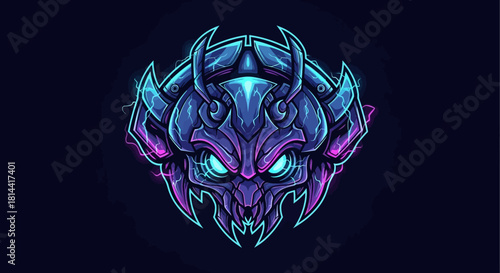 Digital illustration of a purple dragon head mascot with blue and pink neon outlines, glowing eyes, and sharp teeth on a dark background.
