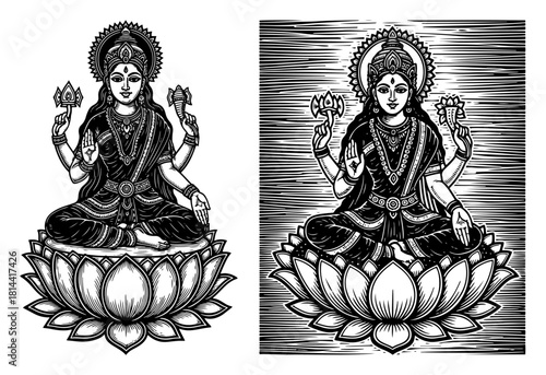 Hindu Goddess Lakshmi sitting on lotus flower giving blessing vintage woodcut vector illustration