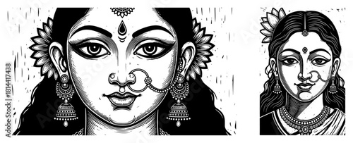 Close up portrait of beautiful Hindu woman face with traditional nose ring and jewelry in linocut style