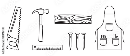 Set of black and white line art icons featuring various carpentry tools like a saw, hammer, nails, wood plank, ruler, and a work apron