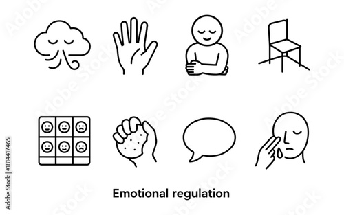 Emotional regulation icons: mindfulness, relaxation, and self-care techniques
