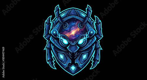 A futuristic robotic head mascot with glowing blue eyes and neon accents against a black background with a dark and technological mood.