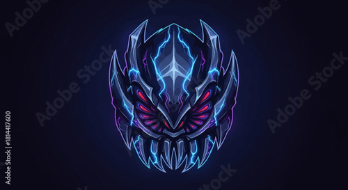 A futuristic, neon-lit head mascot with glowing blue and pink details against a dark background with a cinematic feel.