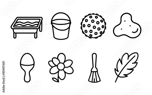 Simple black and white cleaning tools and nature icons for creative projects