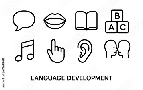 Language development icons: speech, reading, and listening in linear design