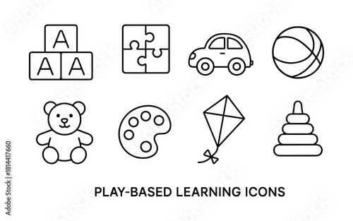 Line art icons for play based learning with toys, puzzles, and activities