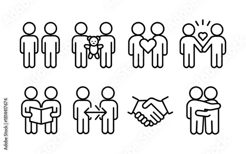 Minimalist icon set of human figures in social interactions and relationships