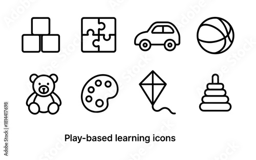 Play-based learning symbols: toy, puzzle, and creative activity line icons