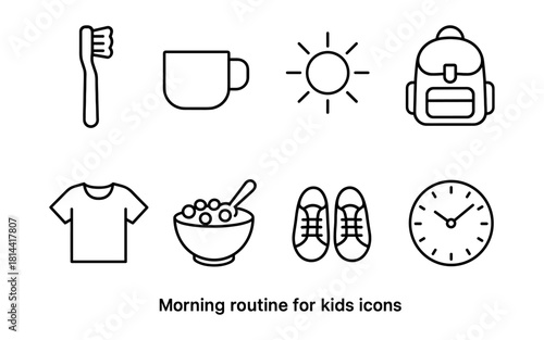 Morning routine icons featuring toothbrush, mug, sun, backpack, shirt, cereal, shoes, clock
