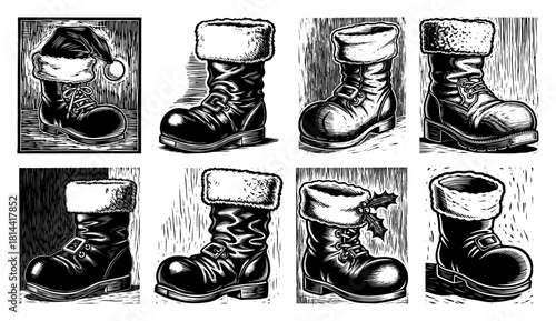 Collection of Christmas Santa Claus boots with fur trim Vector black and white woodcut style footwear illustration set