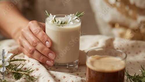 Refreshing Beverage With Flowers on Table During Relaxed Gathering in Cozy Se...