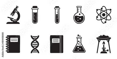 Collection of black and white science icons representing laboratory equipment and scientific concepts like chemistry, biology, and physics