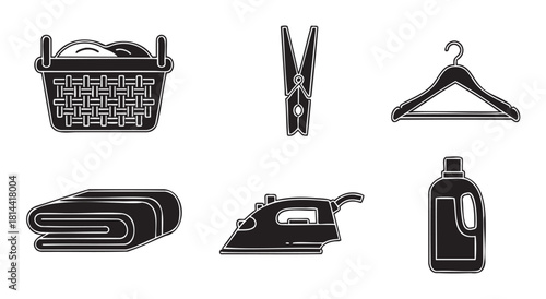 Minimalist black silhouette icon set for laundry and housekeeping, featuring a basket, clothespin, hanger, folded towel, iron, and detergent bottle