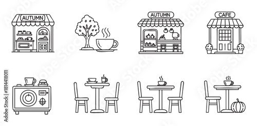 Collection of black and white line art icons depicting cozy autumn cafe scenes, including storefronts, coffee cups, tables, an espresso machine, and seasonal elements like a pumpkin