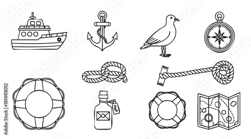 Set of nautical and marine themed icons in a hand-drawn doodle style, including a boat, anchor, compass, and lifebuoy, presented as black line art