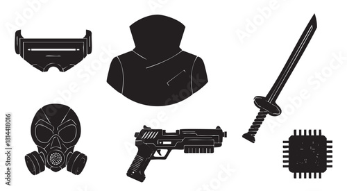 Collection of black silhouette icons representing cyberpunk and futuristic themes, including a gas mask, pistol, sword, visor, hooded figure, and microchip