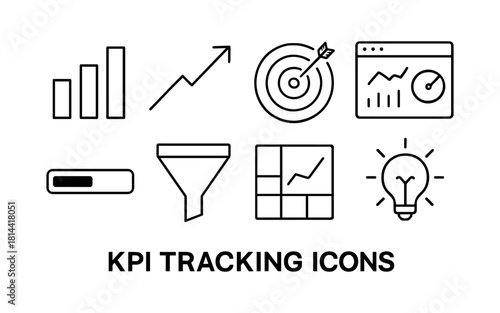 Kpi tracking icons: key performance indicators line art collection for data analysis