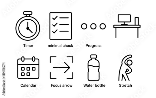 Minimal line icons for productivity and wellness: timer, checklist, fitness, and hydration