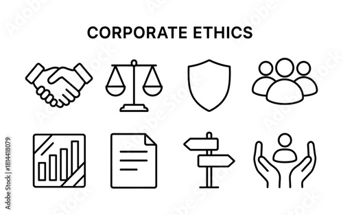 Corporate ethics icons: line art symbols for business integrity and values