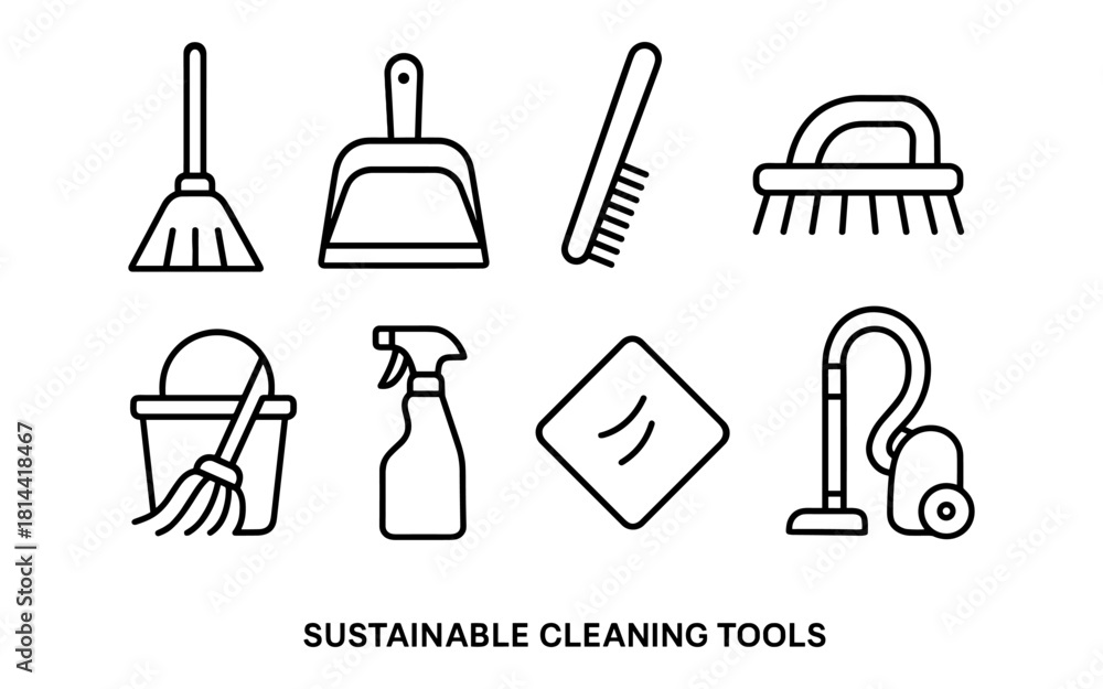 Fototapeta premium Eco-friendly cleaning tools icons: broom, mop, vacuum, spray bottle line art