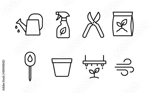 Minimalist gardening icons set featuring tools and supplies for efficient plant care