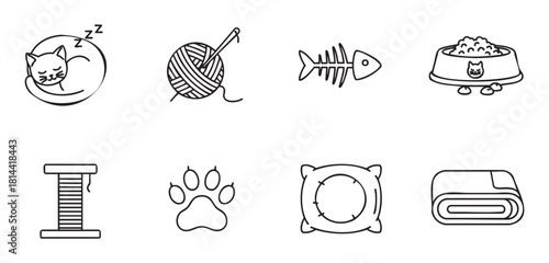 Collection of minimalist black and white line art icons representing various cat accessories and pet care items, including a sleeping kitten, yarn, and food bowl