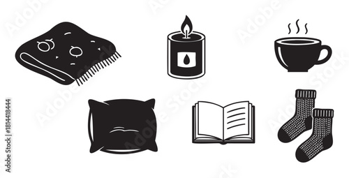 Hygge lifestyle concept illustrated with a set of simple black icons featuring a warm blanket, scented candle, steaming mug, soft pillow, open book, and knitted socks