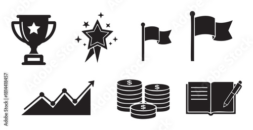Collection of black silhouette icons representing business success, achievement, and financial growth, including a trophy, star award, flag, graph, coins, and notebook