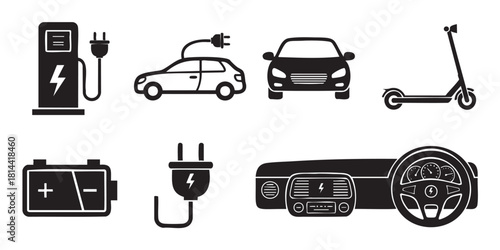 Set of black and white icons representing electric vehicles and sustainable transportation, including a car, scooter, charging station, battery, plug, and dashboard elements
