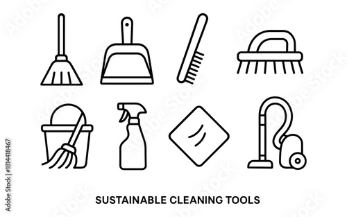 Eco-friendly cleaning tools icons: broom, mop, vacuum, spray bottle line art