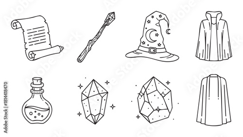 Set of fantasy wizard icons in a hand-drawn doodle style, featuring a magic wand, sorcerer hat, potion bottle, crystal, scroll, and cloak