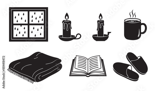 Collection of black and white icons representing a cozy rainy day at home with a window, candle, hot drink, blanket, book, and slippers for a comfortable, relaxing mood