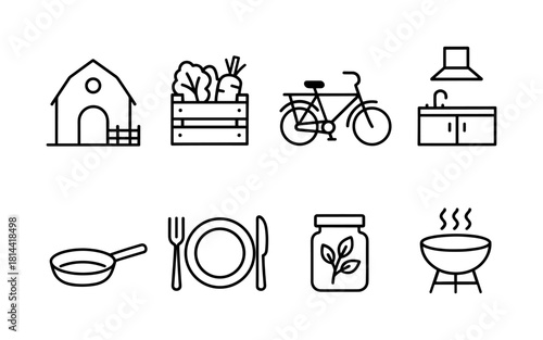 Essential line art icons: farm, kitchen, and outdoor elements