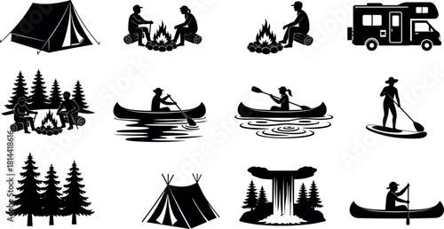 Outdoor Camping and Adventure Silhouettes Set, Featuring Campfire, Tent, Canoe, RV, and Hiking Activities, Nature Recreation Vector Icons.