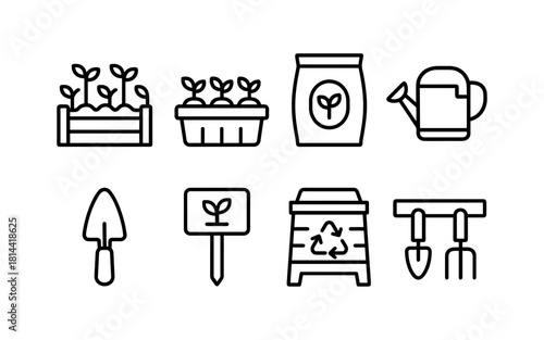 Minimalist gardening icons: tools, seeds, and planters in line art style