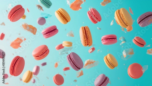 Colorful Macarons Floating Against a Bright Blue Background in a Playful Disp...
