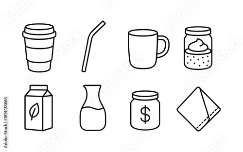 Minimalist beverage and food icons: coffee, tea, dairy, and condiments in linear style