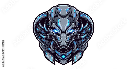 A futuristic robotic head mascot with glowing blue eyes and metallic details on a white background with a dark and technological mood.