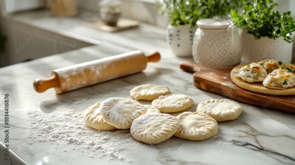 Fototapeta premium Fresh homemade dough circles with flour and rolling pin on kitchen countertop