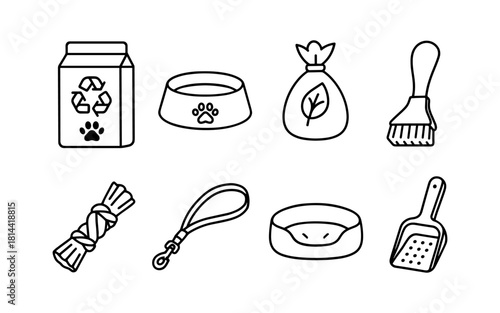 Pet care icons: eco-friendly line art for dog and cat essentials