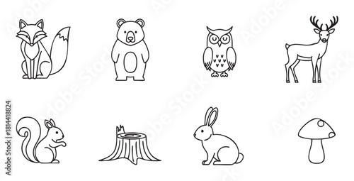 Cute collection of woodland animal and forest nature icons in a minimalist black and white line art style, featuring a fox, bear, owl, deer, squirrel, rabbit, and mushroom