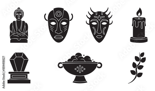Collection of black and white vector icons featuring spiritual and mystical objects like a deity statue, tribal masks, a candle, a gemstone, and a ritual bowl