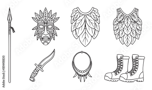 Collection of black and white line art icons featuring tribal warrior and adventurer gear, including a mask, spear, knife, leaf armor, necklace, and boots